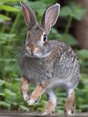 Fototapeta premium A close-up photograph of a wild rabbit standing alert in a lush green forest. The sharp details of its fur and attentive gaze capture the beauty of wildlife.