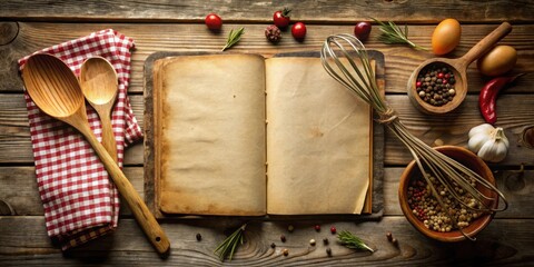 An open vintage cookbook surrounded by rustic culinary tools and spices on a wooden table