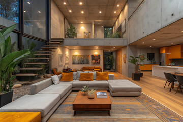 Photographie immobilière d'un salon moderne contemporain avec des murs en béton, du mobilier design et un éclairage d’ambiance doux
