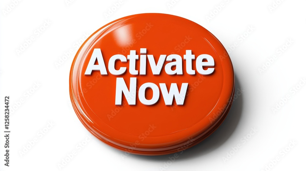 Poster bright orange circular button with activate now text on a plain background for user interface