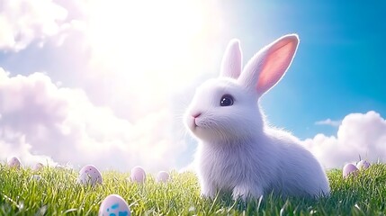 Obraz premium Springtime Bunny Among Easter Eggs in a Lush Green Meadow Under a Sunny Sky Celebration