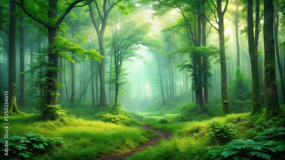 Poster a sunbeam pierces through the dense canopy of a misty forest, illuminating a path leading deeper int