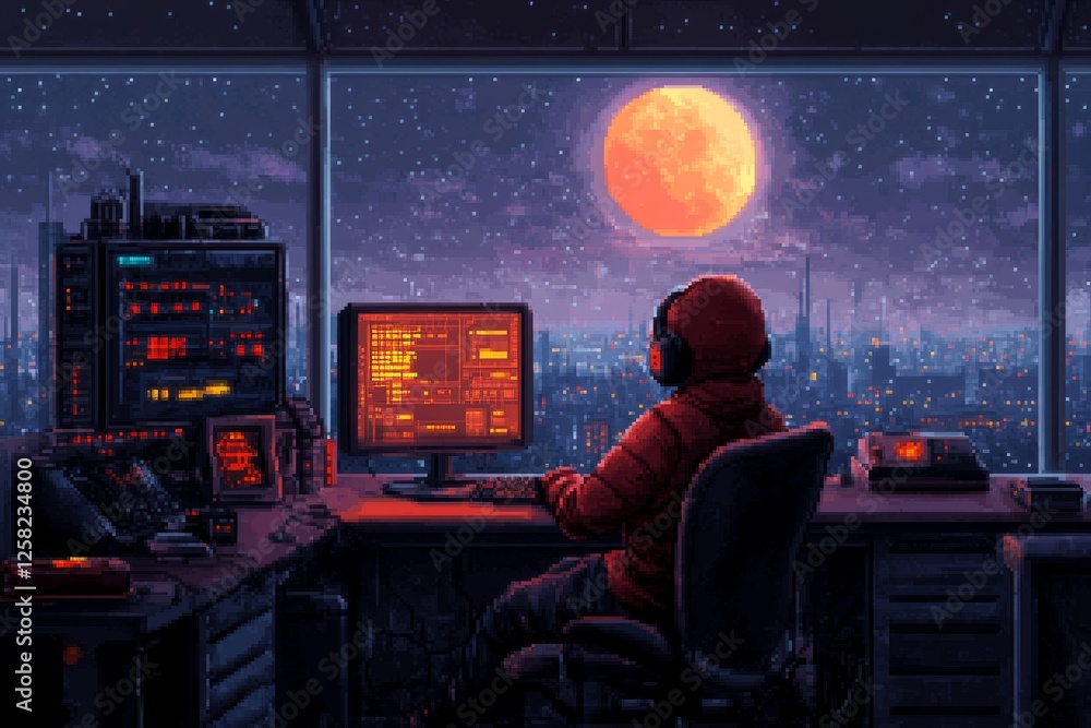 Aufkleber a 8-bit pixel art of a tiny supervisor character managing employees in a pixelated office environmen
