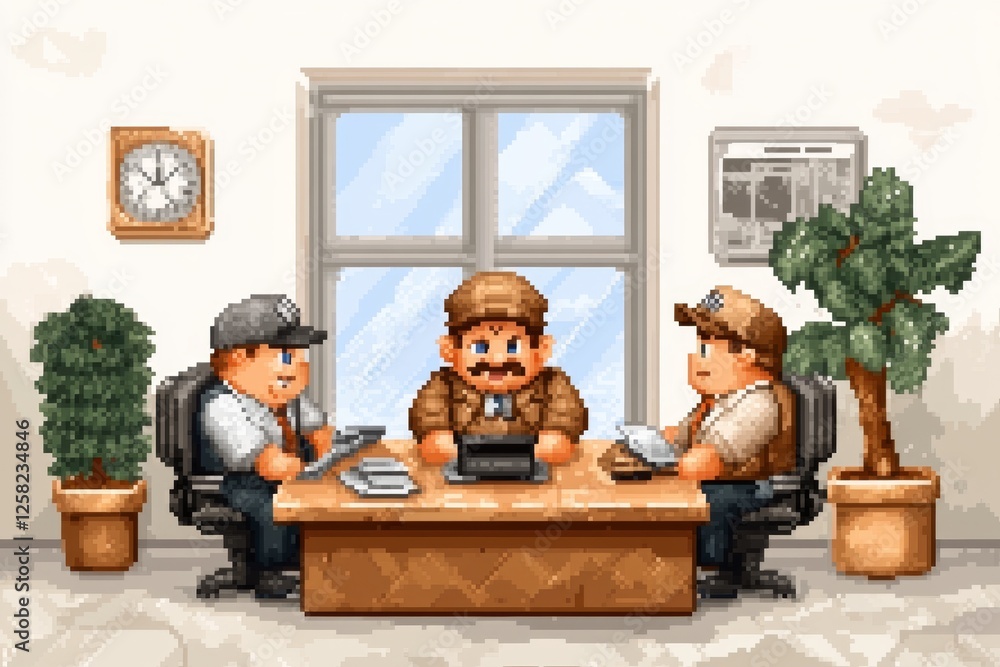 Poster A 8-bit pixel art of a tiny supervisor character managing employees in a pixelated office environment