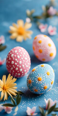 Fototapeta premium Overhead view to the colourful eggs surrounded by blooming wildflowers lying on the blue table. Easter concept.