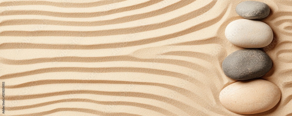 Poster information source analysis concept. calm sand patterns with smooth stones creating a tranquil setti