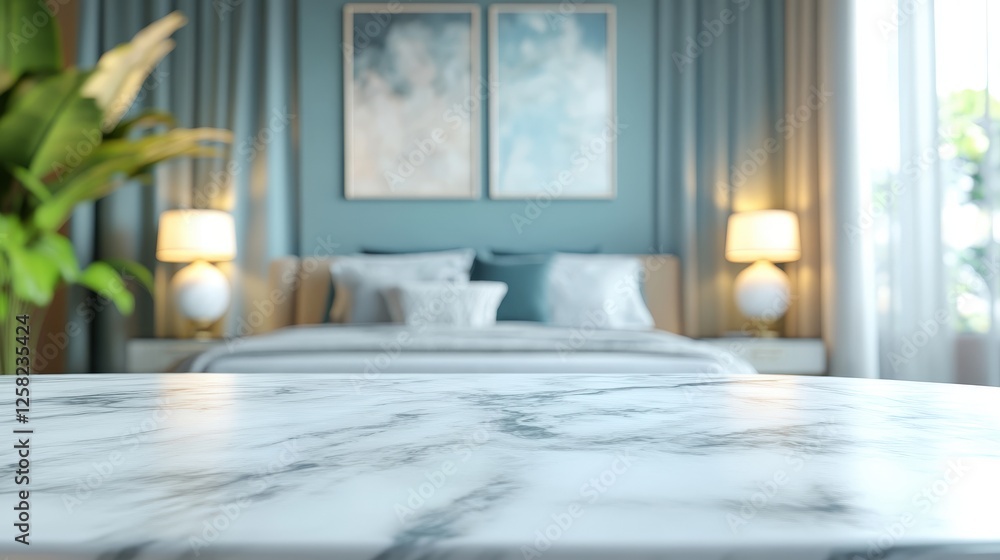 Poster close-up of a white marble table with a smooth surface and elegant design in a bright setting