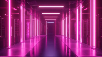 Pink neon hallway, futuristic architecture, reflective floor, digital background