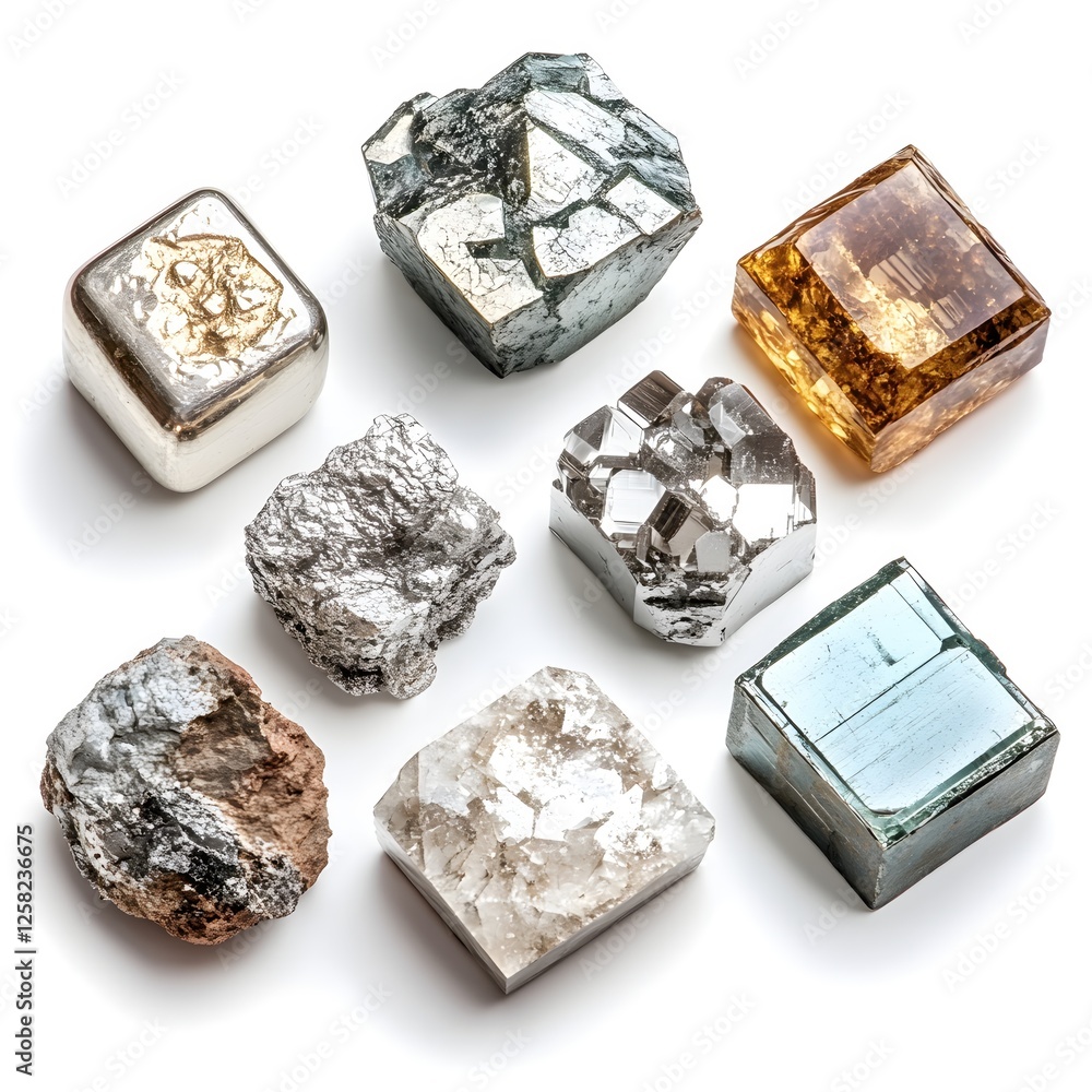 Poster collection of various mineral specimens on white background with sharp focus and clean look