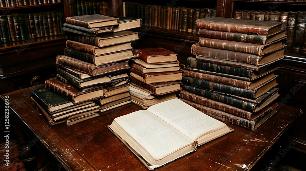 Poster stacks of old books and open volume on wooden surface in library aesthetic with textures