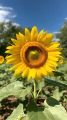 Fototapeta premium Captivating Sunflower Bloom Radiating Warmth Under a Bright Blue Sky in a Serene Field