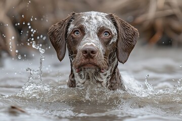 Adorable Brown and White Spotted Dog Emerging from Water Dog Swimming Canine in River