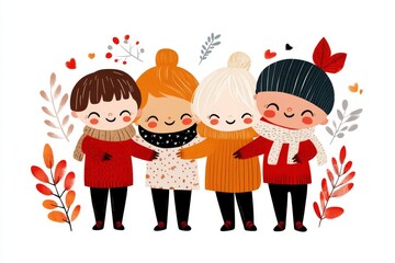 A chibi-style group of friends reuniting at school, hugging and laughing together