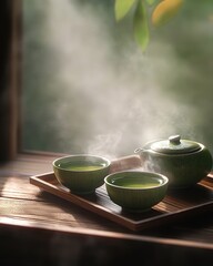 Japanese green tea brewing, with steam rising from a teapot and delicate ceramic cups resting on a wooden tray.