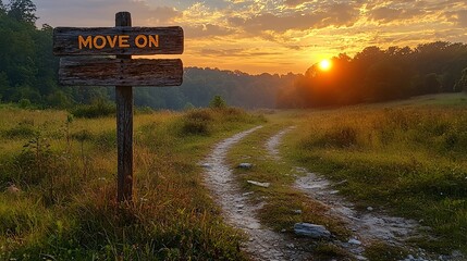 Rustic wooden sign with bold  Move On  text painted on it set against a picturesque open road surrounded by lush countryside landscape and softly lit by warm golden hour lighting