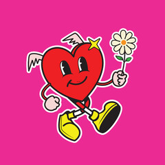 retro Illustration of heart valentine days icon shining holding daisy flower, elegance, and romantic