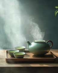 Japanese green tea brewing, with steam rising from a teapot and delicate ceramic cups resting on a wooden tray.