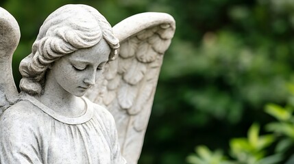 Stone Angel Sculpture with Wings in a Serene Garden Grave Marker Memorial Figure in Nature