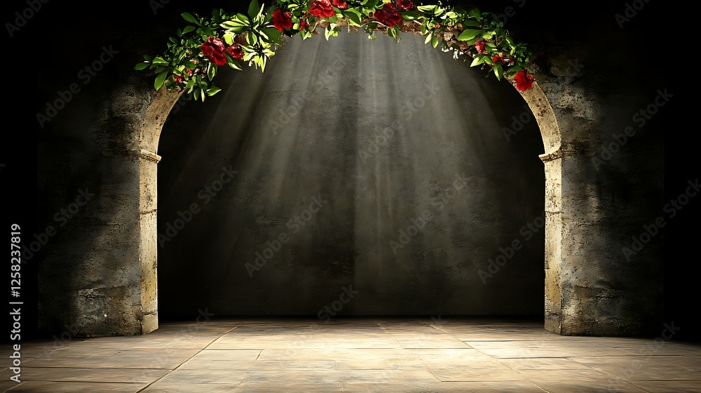 Poster Stone Archway with Floral Adornment and Light Rays Illuminating the Space Within Backdrop Image