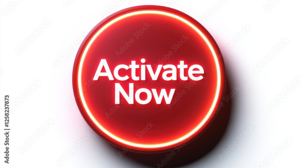 Poster round red button with activate now text on a white background for digital activation concepts
