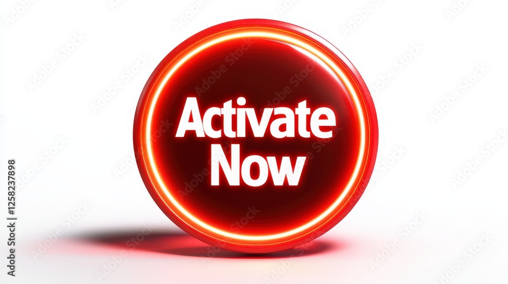 Poster red neon sign with text activate now and round button design for digital engagement concepts