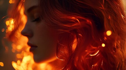 Fiery copper-red hair strands