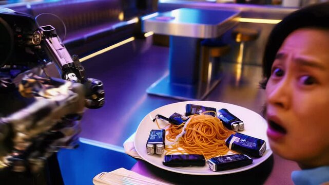A futuristic diner where a robotic waiter keeps malfunctioning, mixing spaghetti with battery packs for customers seated at stylish booths. The fusion of old and new creates a unique dining atmosphere