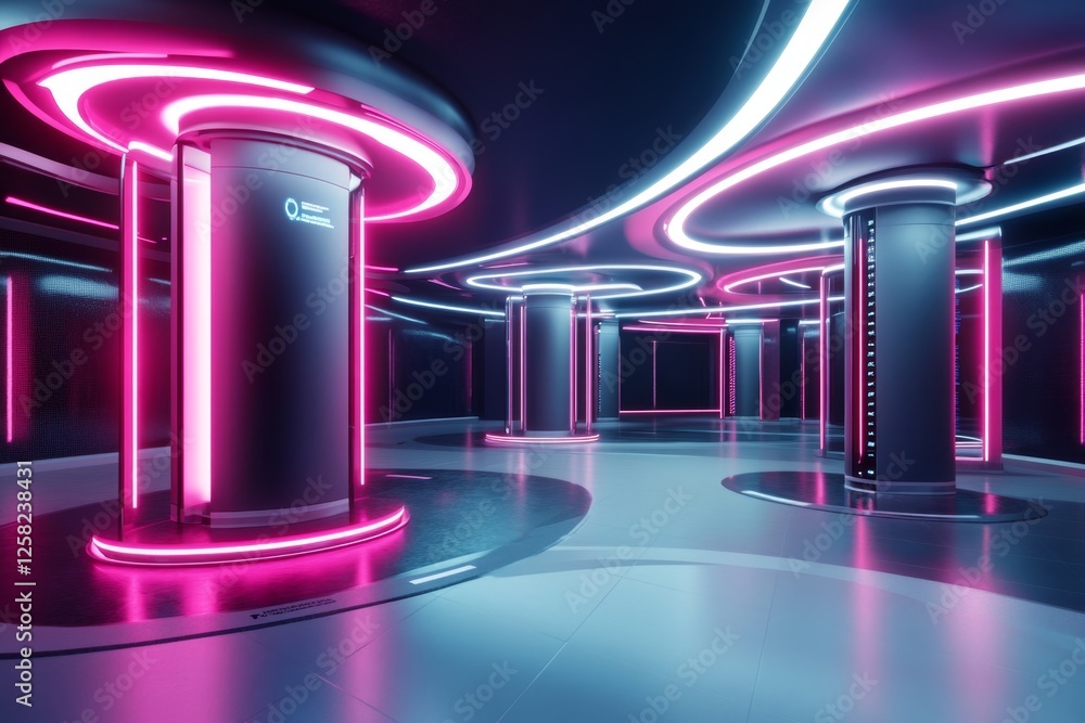 Poster a cyberpunk-inspired futuristic university where students use retinal scans to access their registra
