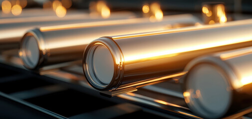 Naklejka premium Solar water heaters on residential rooftops reflect sunlight, showcasing sustainable energy solutions. shiny metallic tubes highlight modern technology and eco friendly practices