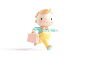 A cheerful 3D-rendered cartoon boy rushes, carrying a pink briefcase.