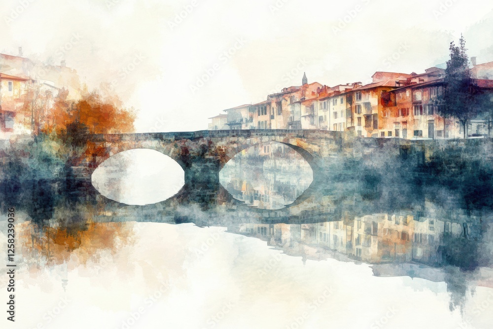 Aufkleber soft watercolor portrayal of a tranquil stone bridge reflecting over a calm river in an old town set