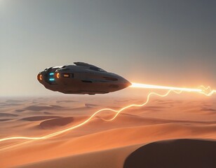 A futuristic hovercraft glides above a luminous desert landscape, leaving behind radiant energy trails.