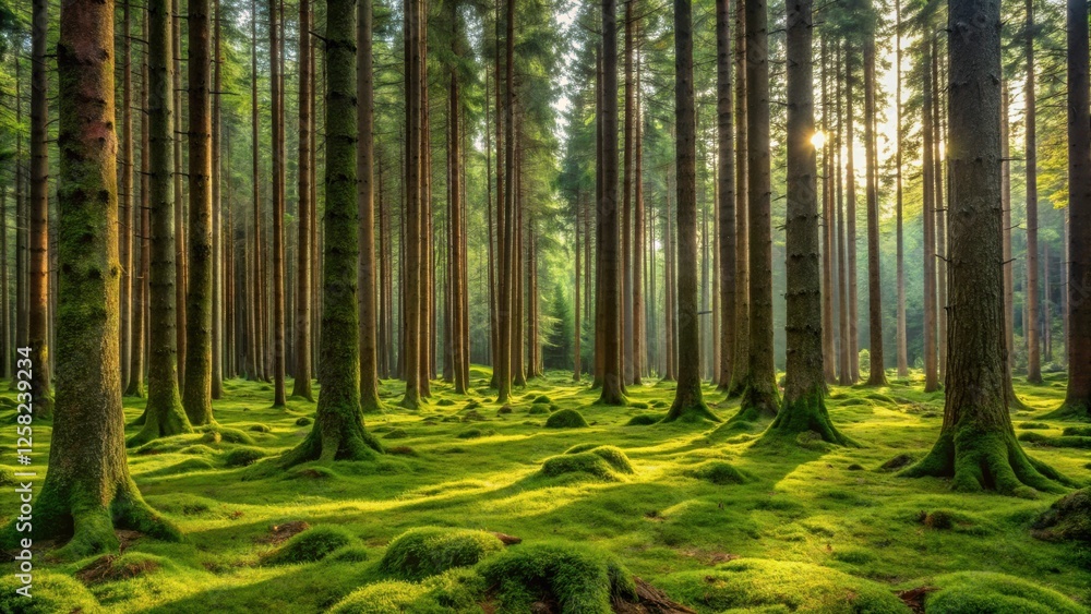 Poster sunlight filters through the canopy of tall, moss-covered trees in a tranquil forest, casting long s