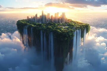 Obraz premium Floating city sunset aerial view, waterfalls, clouds, utopian concept