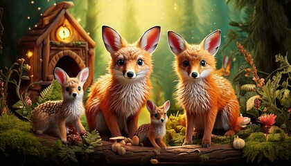 Fototapeta premium Cute Woodland Creatures – Foxes, deer, and rabbits in cozy settings
