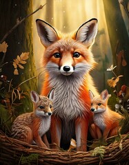 Obraz premium Cute Woodland Creatures – Foxes, deer, and rabbits in cozy settings