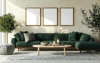Fototapeta premium Modern living room interior design, green sofa, plants, sunlight, mockup frames