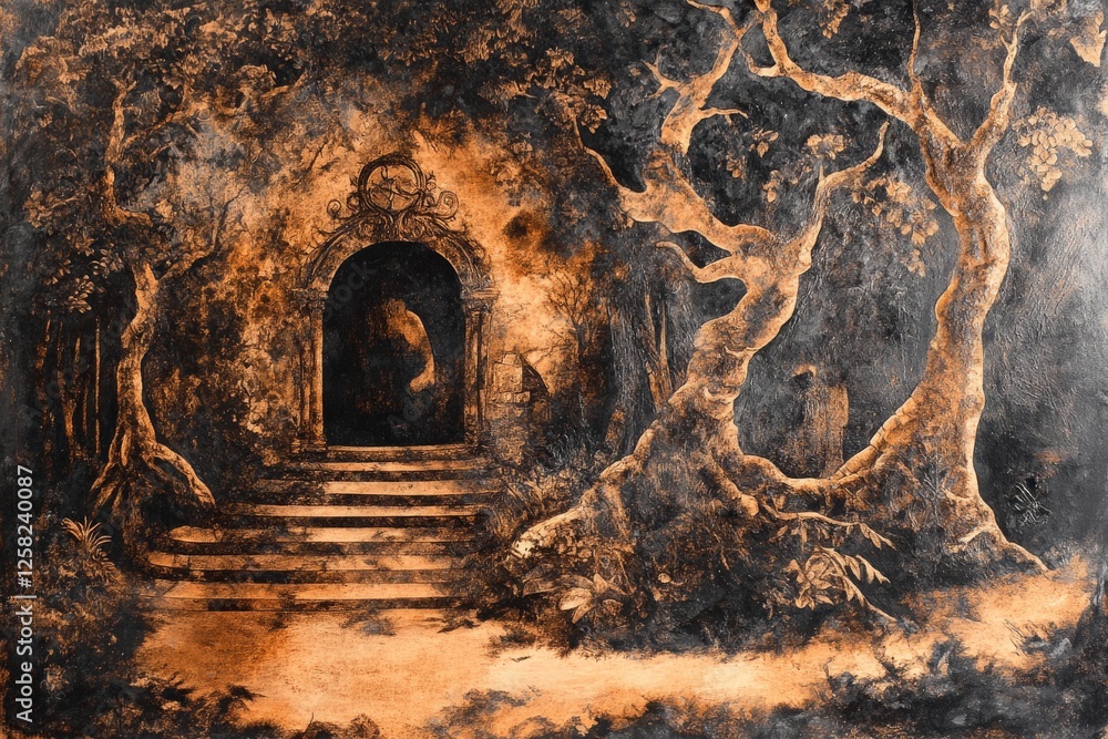 Poster mysterious entrance surrounded by twisted trees in an enchanted forest at twilight
