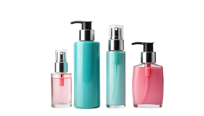 Cosmetic bottles sitting alone on a white background.  