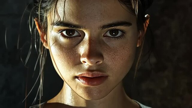 Intense Close-up Portrait of a Sweaty Young Woman with Dark Hair