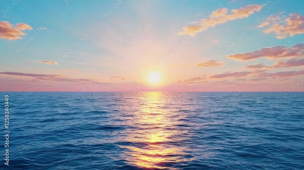 Poster information source analysis concept. sunrise over a serene ocean with colorful clouds in the sky.