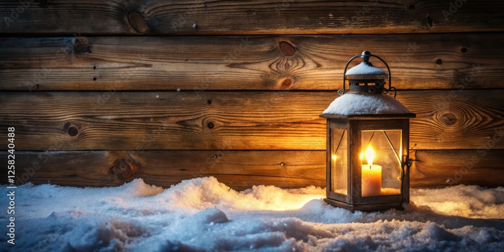 Poster A lantern with a lit candle sits in the snow in front of a rustic wooden wall, creating a warm and inviting glow.