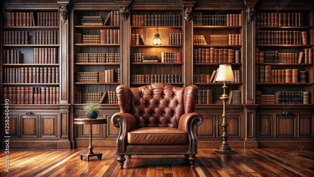 Poster a leather armchair sits invitingly in a room filled with bookshelves overflowing with knowledge, lit