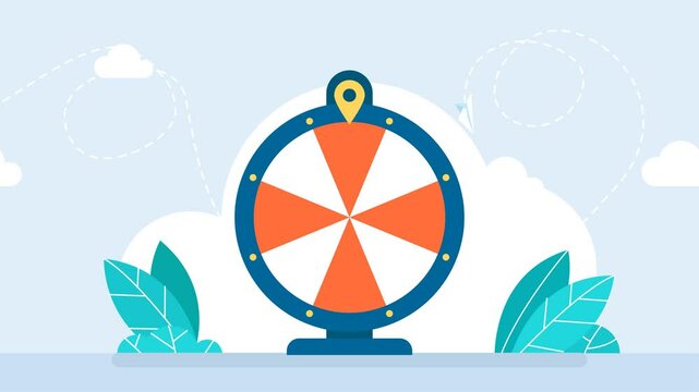 The lottery online casino fortune wheel is in a blue circle with red and white stripes. Spinning fortune wheel, lucky roulette, online promotion events. Spinning bright roulette. 2d flat animation	