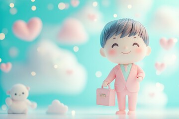 A cute cartoon boy in a pink suit carries a briefcase against a pastel background with hearts and clouds.