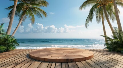 Fototapeta premium A summer exhibition of goods on a wooden podium set on a sandy tropical beach, against the background of the sea and palm trees. The concept of travel and tourism.