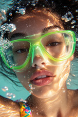 Naklejka premium close-up photo of a young woman snorkeling in crystal-clear turquoise water, capturing a dynamic underwater selfie. She has a tanned complexion, dark wet hair slicked back 