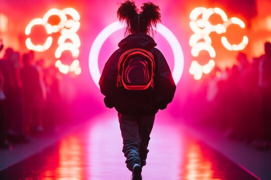 A fashion model walking down the runway, with bright flashing lights and a designer logo background
