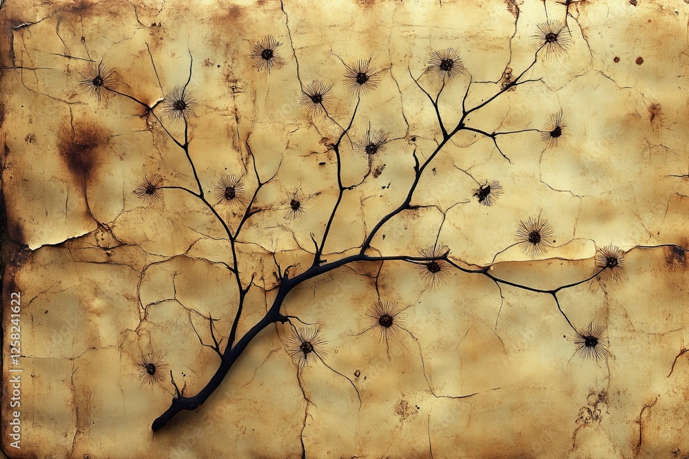 Poster abstract representation of nature with textured surface and delicate branch pattern evoking a sense 