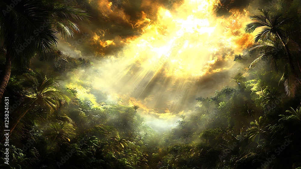 Aufkleber sunlit jungle canopy in lush rainforest environment creating ethereal and dramatic atmospheric view